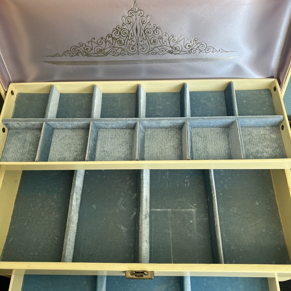 Vtg Large Lady Buxton Jewelry Box Multi Drawers Mid Century Modern Blue Velvet - Picture 2 of 16